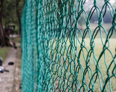 Close-up view of a green wire fence with a blurred motorbike in a park setting.